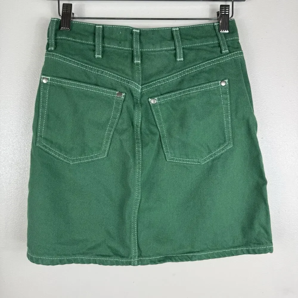 Reformation Cowboy High Rise Denim Mini Skirt Green‎ Size 25 Button Fly